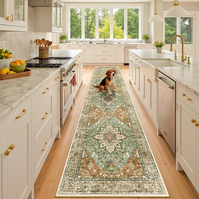 RELEANY Area Rugs Runner 2'x10' Washable Non-Slip, Floral Vintage Distress Medallion Carpet for Kitchen Hallway Bedroom Beside Laundry Room Bathroom, Terracotta Burnt Orange Green