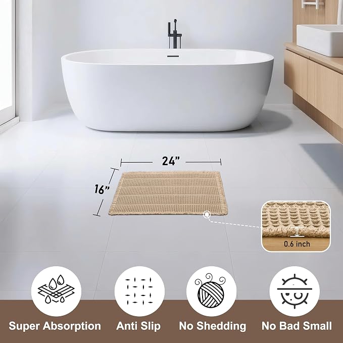 JIUZHEN Waffle Bath Mat Super Absorbent Non Slip Bath Mats for Bathroom Floor Waffle Knit Bathroom Mat with Tassels Machine Washable Bathroom Rugs for Beside Tub, 16" x 24", Strip-Brown