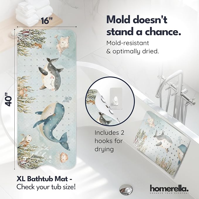 Bathtub Mat Non Slip Anti Mold for Kids 40x16 - homerella® Bath Mat for Tub, BPA Free, Incl. 2 Hooks, Washable Shower Mat Non Slip Anti Mold, Shower Mats for Inside Shower, EU Certified