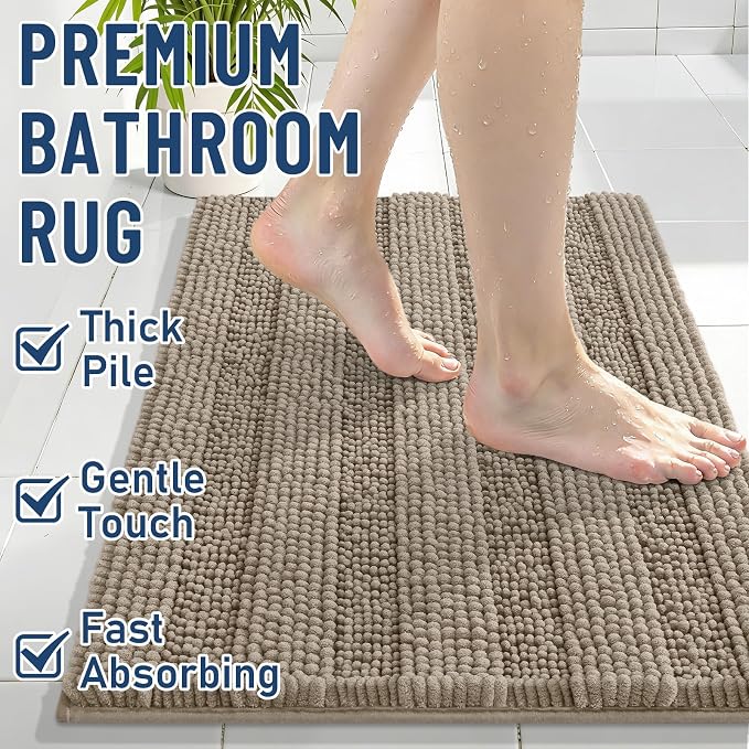 Grandaily Chenille Striped Bathroom Rugs 44x24, Extra Thick and Soft Absorbent Bath Mats, Rubber Backing, Plush Shaggy Shower Carpet, Machine Wash Dry, Bath Rug for Bathroom, Warm Taupe