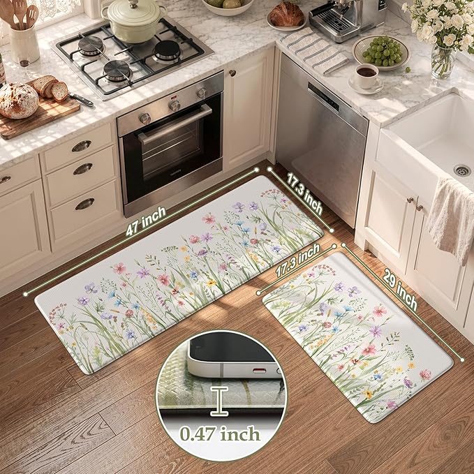 KIMODE Anti Fatigue Kitchen Mat for Floor, Farmhouse Floral Kitchen Rugs Sets of 2, Kitchen Floor Mats Non-Slip, Cushioned Standing Mat for Sink, Laundry, Desk, Home White 17"x47"+17"x29"