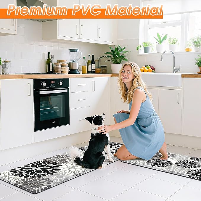 StepLively Kitchen Mats for Floor 2PCS, 0.47" Anti Fatigue Mats for Kitchen Floor, Kitchen Accessories for Sink, Office, Laundry, 17.3"×30"+17.3"×47", White and Black