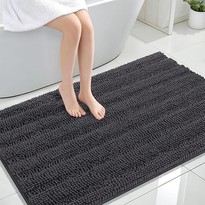 OLANLY Thick Large Bathroom Rugs 47x32, Extra Soft Absorbent Chenille Striped Bath Rugs, Rubber Backing, Machine Wash, Bath Mats for Bathroom Floor, Tub and Shower, Home Decor Accessories, Dark Grey