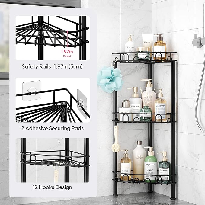 SWTYMIKI Standing Shower Caddy Corner - 3‑Tier Stainless Steel Shower Organizer Shelf with 12 Hooks and Adhesive Pads, Rustproof Corner Shelves Stand Rack for Bathroom Shower Room, Black