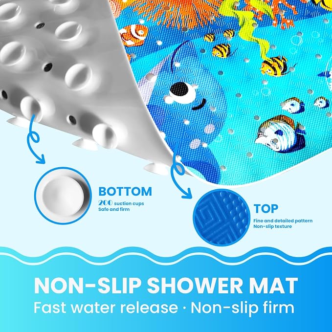Baby Bath Tub Mat, 40 x 16 Inch Extra Large Non Slip Kids Cartoon Bathtub Shower Mats with Suction Cups & Drain Holes, Machine Washable for Bathroom, Undersea Dolphin
