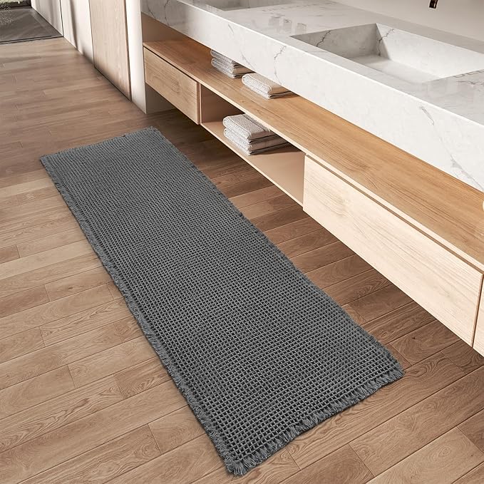 Upgraded Waffle Runner Rug, Super Absorbent Non Slip Bath Mats for Bathroom Floor, Washable Bathroom Runner Rug with Tassels, Ideal for Hallway Bedroom Laundry Room, Dark Grey, 2'x 4'(24" x 48")