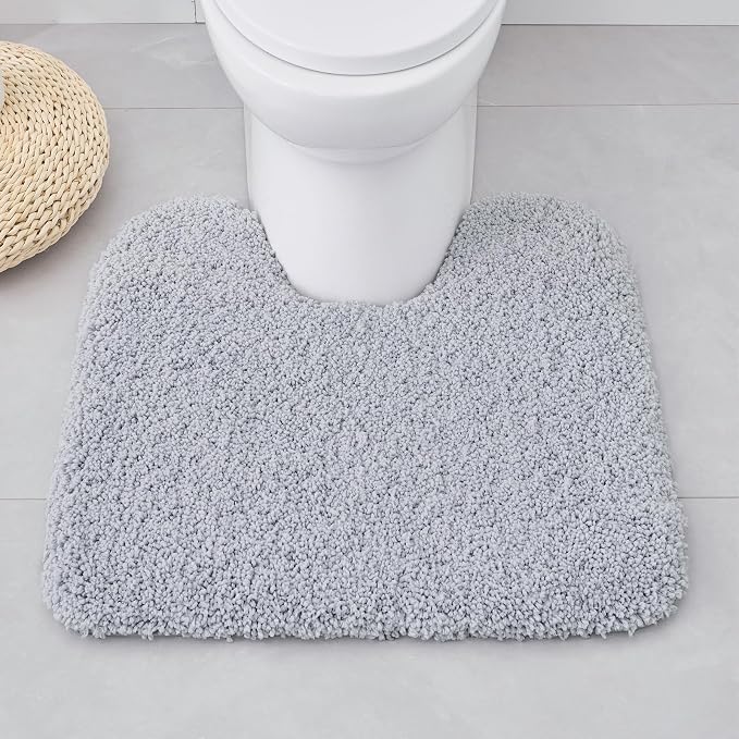 ILANGO Silver Toilet Rugs U Shaped 22" × 24" Non Slip & Super Absorbent Extra Thick Soft, Washable Bath Mats for Bathroom Floor, Microfiber Plush Shaggy Contour Bath Rugs for Toilet,Dry Quick