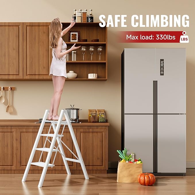 4 Step Ladder, Aluminum Folding Step Stool with Anti-Slip Sturdy and Wide Pedal, Lightweight Portable Stepladder for Home and Kitchen Use, Cream White, 330 lbs