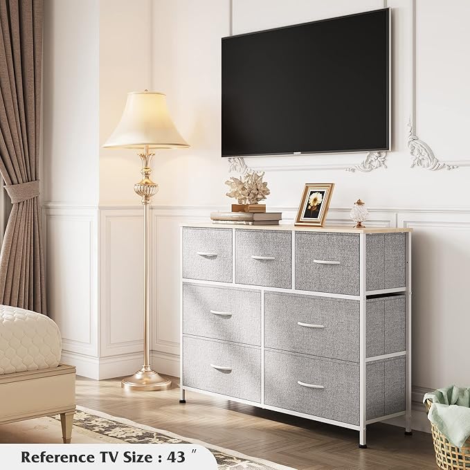 WLIVE 7 Drawer Dresser TV Stand, Entertainment Center, Media Console Table with Metal Frame and Wood Top for TV up to 45 inch, Chest of Drawers for Bedroom, Living Room, Light Grey