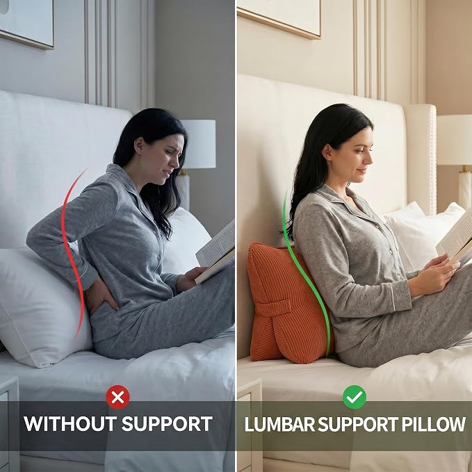 Pat. Pend. Corduroy Back Support Pillow for Bed Sitting and Headboard Support, Lumbar Cushion for Relaxing and Watching TV, Triangle Backrest Pillow, Brick Red