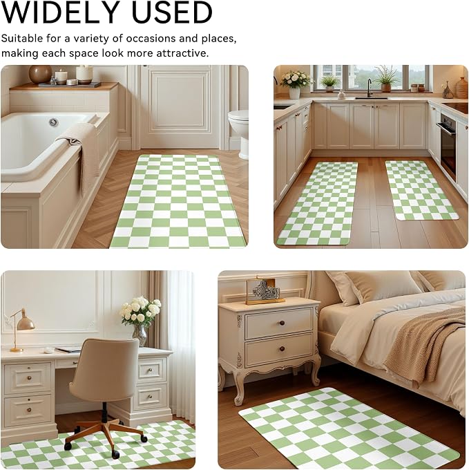 Fresh Green Checkered Grid Checkerboard Kitchen Rug Sets [2 PCs], Anti-Fatigue, Waterproof Non-Slip Kitchen Mats Heavy Duty Comfort Foam Rug for Kitchen, Floor, Laundry,17"x29"+17"x47"