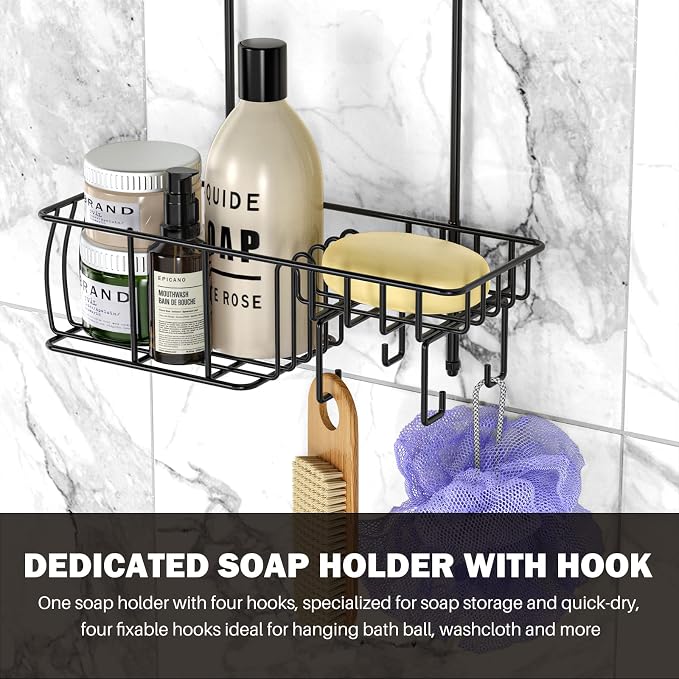 Epicano Shower Caddy Hanging Over Head, Matte Black,Stainless Steel | Rustproof,4 Hooks for Towels,Sponge and & Bathroom Accessories,Anti-Swing Suction Cups & Adhesive hooks
