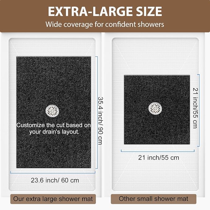 Shower Mat Non Slip: 35.4 x 23.6 Inch Extra Large Shower Mats for Inside Shower with Drain Hole - Soft PVC Loofah Anti Slip Shower Stall Mat for Walk-in Shower and Bathroom, Quick Drying