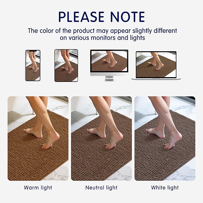 SUBRTEX Bathroom Rugs, 24" x 36" Chenille Bath Rug Soft Short Plush Bath Mat Soft Shower Mat Water Absorbent Shower Mat Quick Dry Machine Washable, Brown