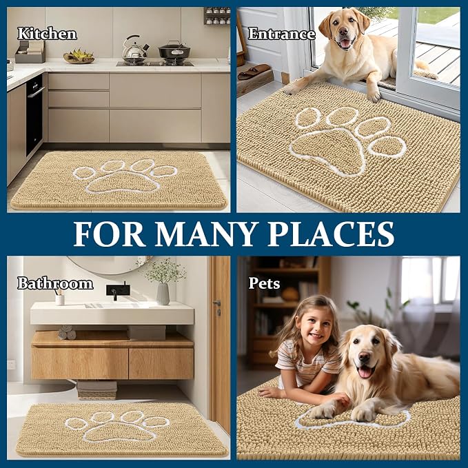 OLANLY Dog Door Mat for Muddy Paws 54x32, Paw Print Design, Absorbs Moisture and Dirt, Absorbent Non-Slip Washable Doormat, Quick Dry Chenille Mud Mat for Dogs, Entry Indoor Entryway Carpet, Beige