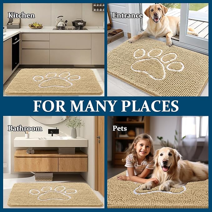 OLANLY Dog Door Mat for Muddy Paws 32x20, Paw Print Design, Absorbs Moisture and Dirt, Absorbent Non-Slip Washable Doormat, Quick Dry Chenille Mud Mat for Dogs, Entry Indoor Entryway Carpet, Beige