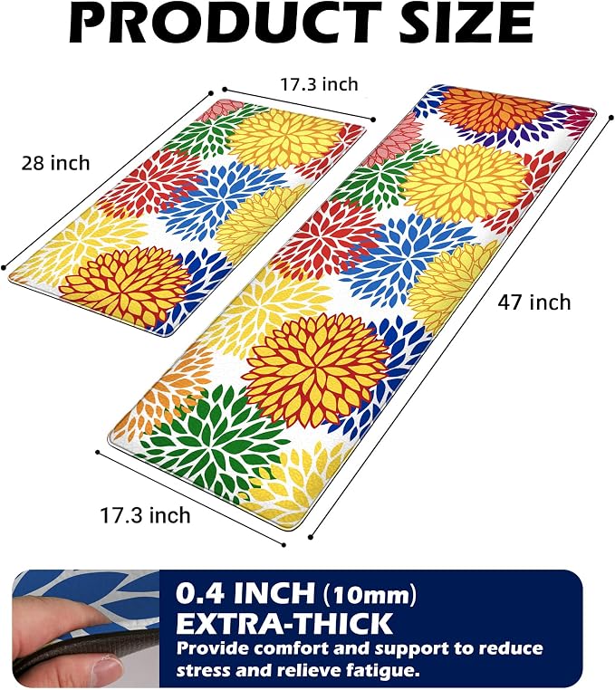Kitchen Mats Set of 2 Cushioned Anti Fatigue Kitchen Rugs Non Slip Waterproof Kitchen Runner Memory Foam Floor Mat Comfort Standing Mat for Sink,Office,Laundry, Multi Color