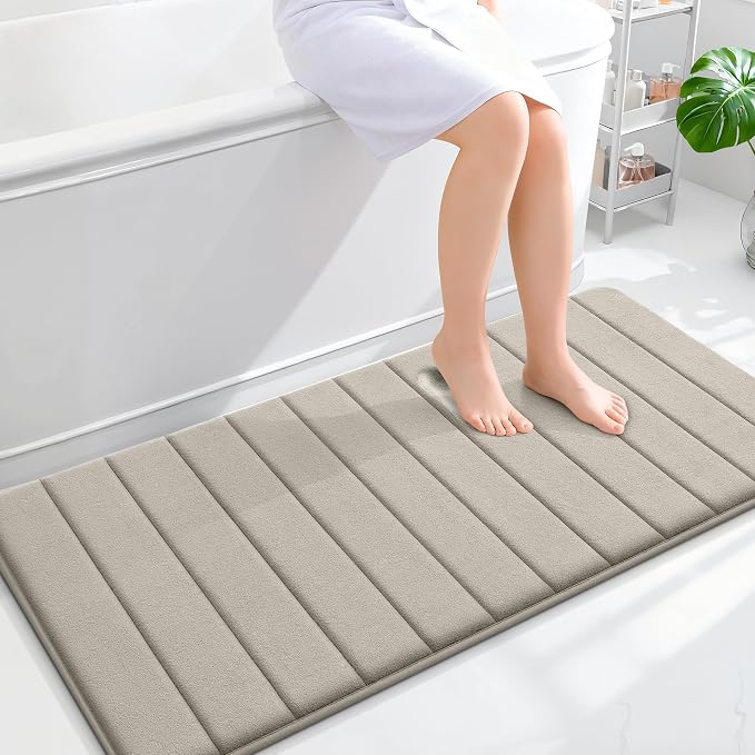 OLANLY Memory Foam Long Bathroom Rugs Runner 47x24, Super Soft Absorbent Bath Mat, Quick Dry, Machine Washable Shower Floor Rugs, Bathmat Carpet, Bathroom Home Decor Accessories, Warm Taupe