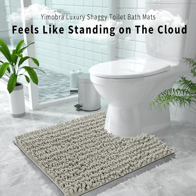 Yimobra Toilet Rug U Shaped Washable 24x24 Inch - Ultra Soft Absorbent Chenille Bath Rugs for Toilet, Quick Dry & Machine Washable, Non Slip Contour Bathroom Mat, Sand