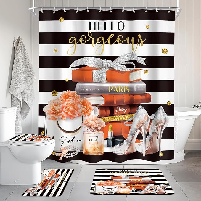 4Pcs Black and Orange Shower Curtain Set, Burnt Orange Fashion Flower Perfume High Heels Books Bathroom Curtain with Rug, Toilet Lid Cover, Bath Mat, Women Girl Shower Curtain with 12 Hooks