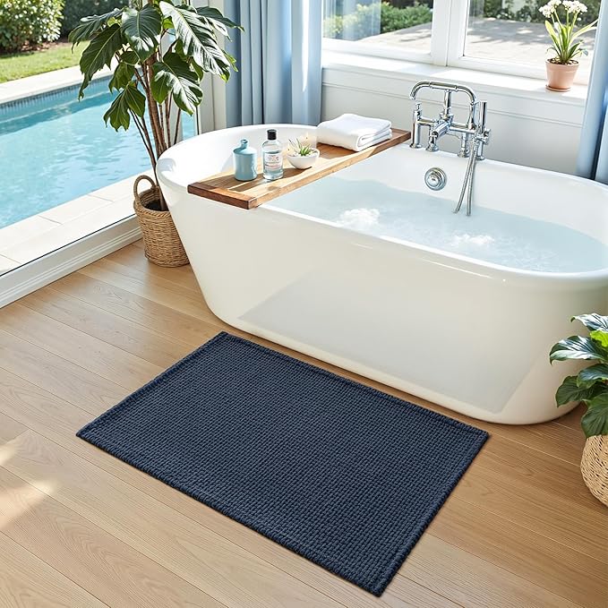DEXI Bathroom Rugs 32x20, Non Slip Washable Bath Mat, Absorbent Chenille Bathmat, Ultra Soft Thick Carpet for Tub Shower Floor, Navy