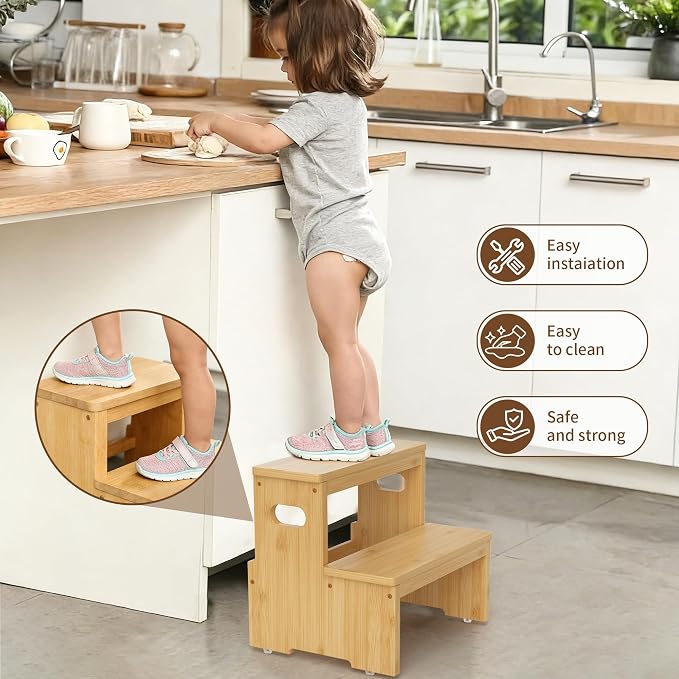 Two Step Stool for Adults and Kids, 450lbs Heavy Duty Step Stool, Bamboo Step Stool for High Beds, Portable Helper Step Stairs for Kids, for Kitchen, Bathroom, RV, Bedside Step Stool, Natural