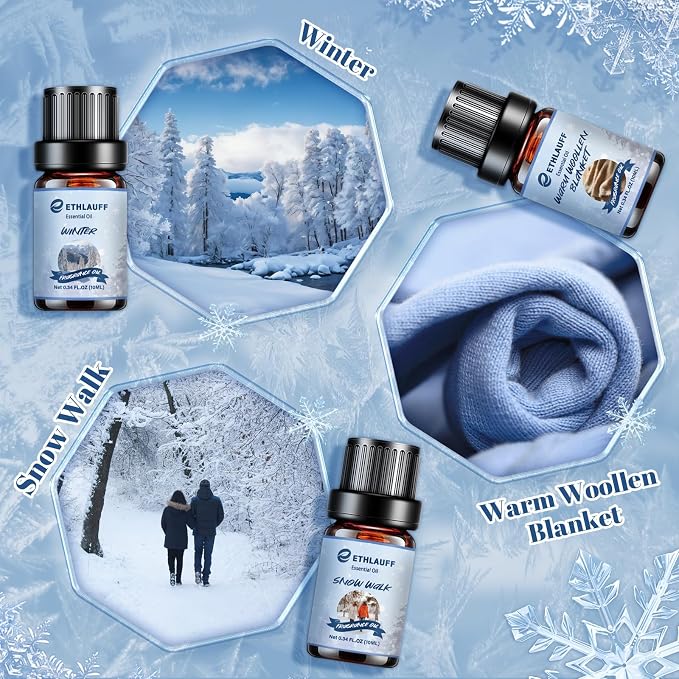 Essential Oils Winter Set,Premium Fragrance Essential Oils Gift Set for Diffuser, Soap & Candle Making Scents - Gingerbread,Warm Woollen Blanket, Balsam Fir, Snow Walk, Sleigh Ride