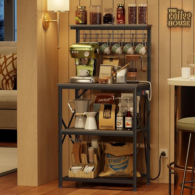 Furologee Kitchen Bakers Rack with Power Outlet, Coffee Bar Station with Storage 4 Tiers, Microwave Oven Stand with 6 S Hooks, Kitchen Storage Shelves Rack for Spices, Pots, Black Oak
