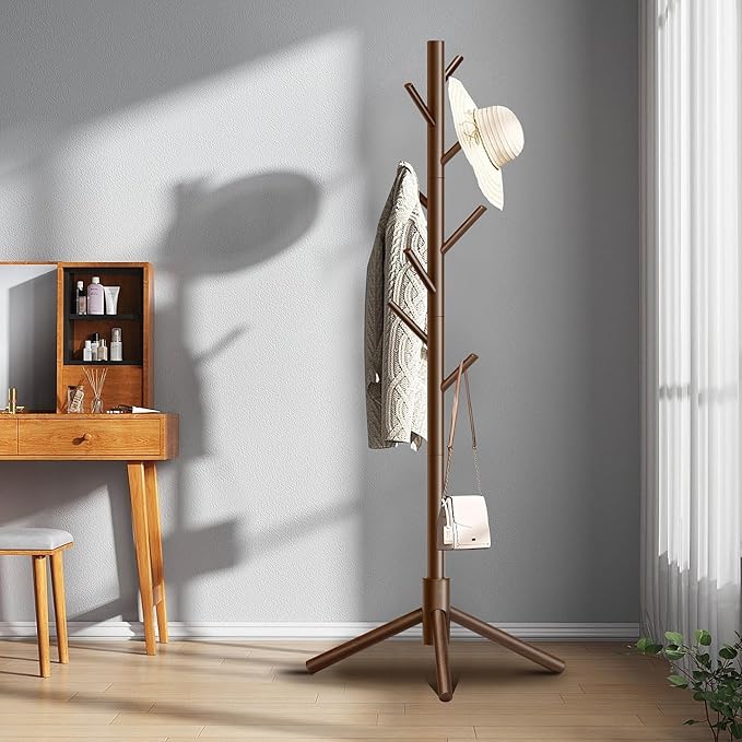 Coat Rack, Coat Racks Freestanding with 8 Hooks 3 Adjustable Heights for Clothes, Hats, Handbags, Coat Tree Easy Assembly for Entryway, Bedroom, Hallway, Office(Brown 2PCS)