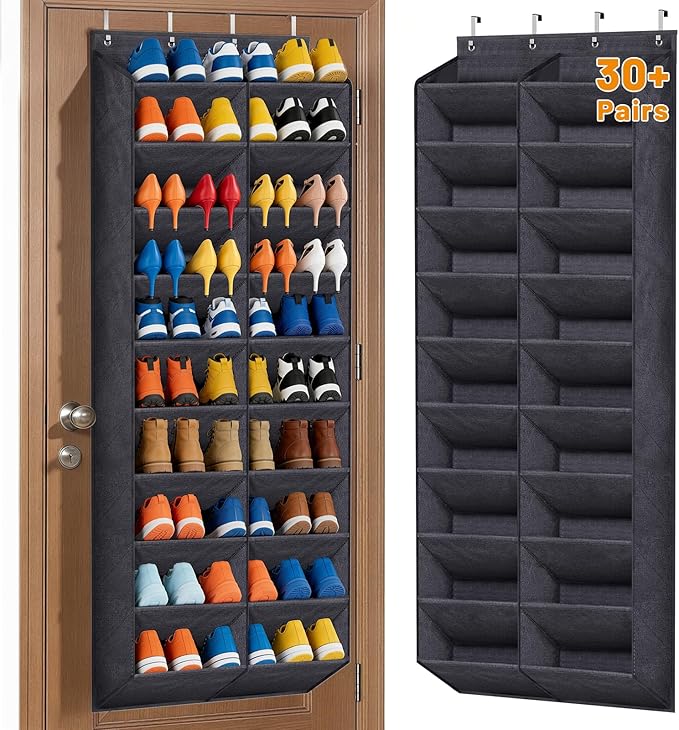 MISSLO 30-40 Pairs Over the Door Shoe Organizer for Closet 20 Extra Large Deep Pockets Hanging Shoe Rack for Door 10-Tier Heavy Duty Shoes Storage Hanger Fits Size 15 Sneakers, Boots, Heels, Black