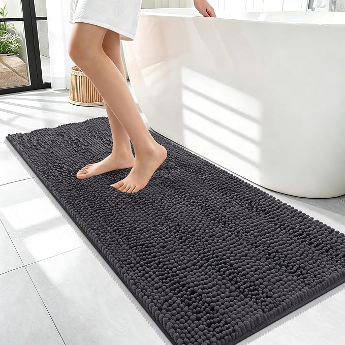 OLANLY Thick Bathroom Runner Rugs 47x17, Extra Absorbent Chenille Striped Bath Rugs, Rubber Backing, Machine Wash Dry, Long Bath Mats for Bathroom, Tub and Shower, Home Decor Accessories, Dark Grey
