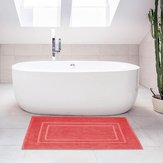 Feather & Stitch 2 Piece Towel Like Bath Mats (30x21 Inch) 100% Cotton Terry Bath Mat, Bathroom Shower Floor Mat [NOT A Bathroom Rug], Soft Absorbent Washable Mats - Coral