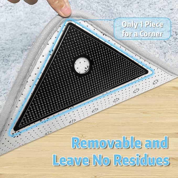 8 Pcs Rug Tape, Reusable Washable Grippers for Rugs, Double Sided Non-Slip Rug Pads for Hardwood Floors, Rug Stoppers to Prevent Sliding (Black)