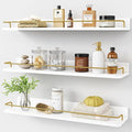 Forbena 24 Inch Bathroom Floating Shelves for Wall Set of 3, Gold Bathroom Shelves Over Toilet Wall Mounted with Rail, Decorative Hanging Shelf for Bedroom Office Living Room Decor (White and Gold)