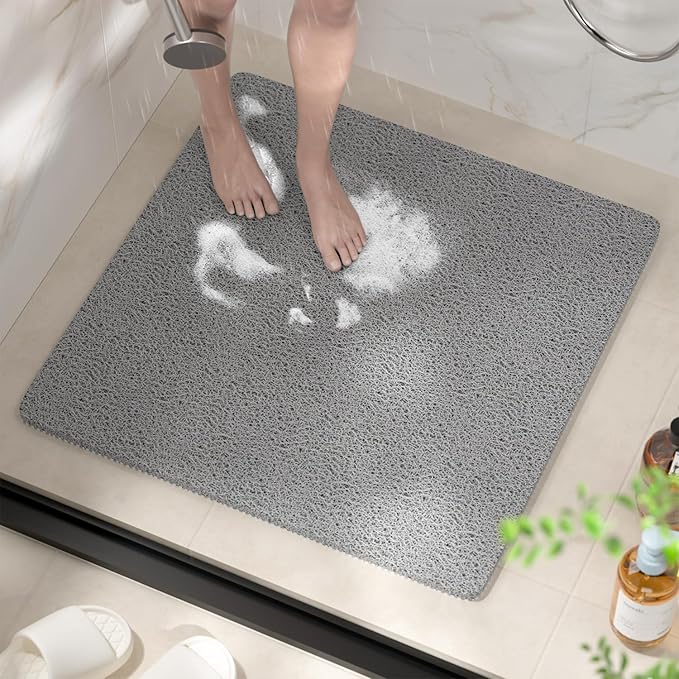HITSLAM Square Shower Stall Mat, 27 x 27 Inch Non Slip Bath Mat for Tub, Soft PVC Loofah Bathtub Mats, Quick Drying Bathroom Shower Mat Anti Slip, Soft on Feet, Grey