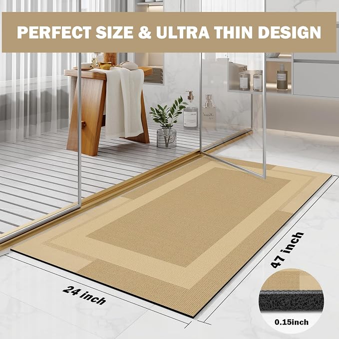 YDKGL Non Slip Long Bath Mat Bathroom Runner, Rubber Backing Ultra Thin Bathroom Rugs Fit Under Door Quick Dry Super Absorbent Washable Bath Rug Shower Mat for Bathtub Sink Floor, Brown 24"x48"