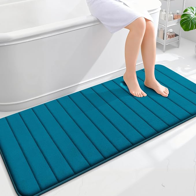 OLANLY Memory Foam Long Bathroom Rugs Runner 59x24, Super Soft Absorbent Bath Mat, Quick Dry, Machine Washable Shower Floor Rugs, Bathmat Carpet, Bathroom Home Decor Accessories, Peacock Blue