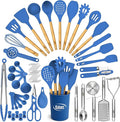 Kaluns 50 PCS Silicone Kitchen Utensils Set Complete Kitchen Set - 800°F Heat Resistant Non-Stick Premium Silicone Cooking Utensils W Wooden Handles - Can Opener, Masher, Turner, Silicone Spatula Set
