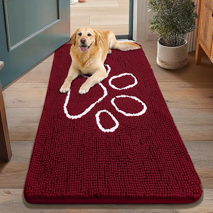 Smiry Dog Door Mat for Muddy Paws, Absorbent Dirt Trapper Non Slip Quick Dry Washable Chenille Mat for Mud Dogs, Entry Rug for Indoor and Outdoor (48x30 Inches, Burgundy and White)