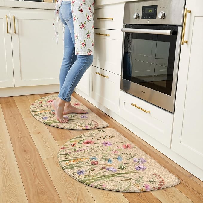 KIMODE Kitchen Mats for Floor Anti Fatigue, 18"x28" Half Round Cushioned Kitchen Floor Mats, Ergonomic Waterproof Standing Mats, Boho Kitchen Rugs Sets of 2 Non Skid for Laundry Office Light Brown