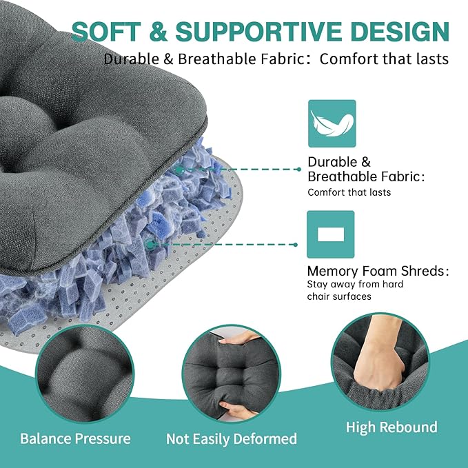 BETU Chair Cushions for Dining Chairs Set of 4,3.5" Thick Kitchen Table Chair Pads with Ties,Non Slip Backing and Covers, Seat Cushion for Dining Room,Bar,Patio Chairs,15.5"X15.5"X3.5",Dark Grey