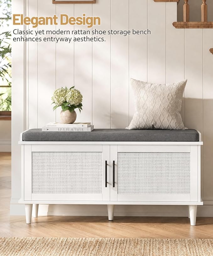 Akxomel Rattan Shoe Storage Bench with Cushion, 2-Tier Entryway Bench with Adjustable Shelves and 2 Doors, 15" D x 39.4" W x 20" H, Solid Wood Legs, for Hallway, Living Room, Bedroom, White
