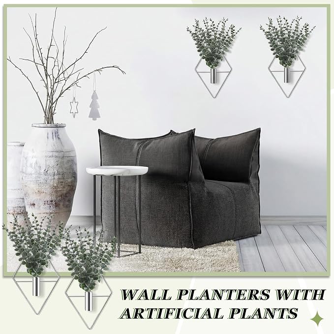 Jexine 4 Pcs Hanging Planters with Artificial Eucalyptus Metal Hanging Vase Indoor Plants Holder Modern Geometric Boho Bathroom Wall Decor for Living Room Home Office (Eucalyptus,Silver)