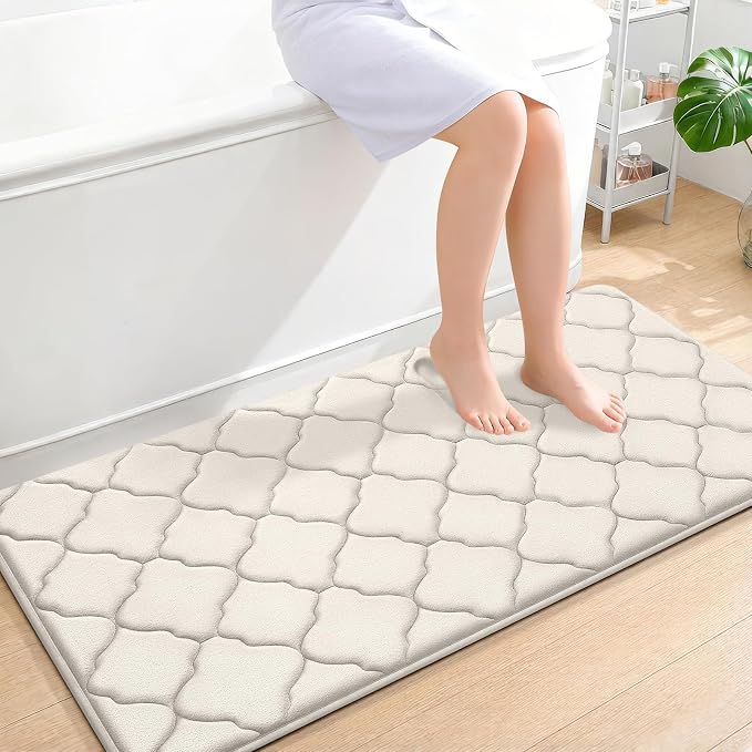 OLANLY Memory Foam Bath Mat Rug 47x24, Ultra Soft and Absorbent Bathroom Rugs, Non-Slip, Comfortable, Machine Washable Bath Carpet for Bathroom Floor, Tub, Shower and Home Decor Accessories, Ivory