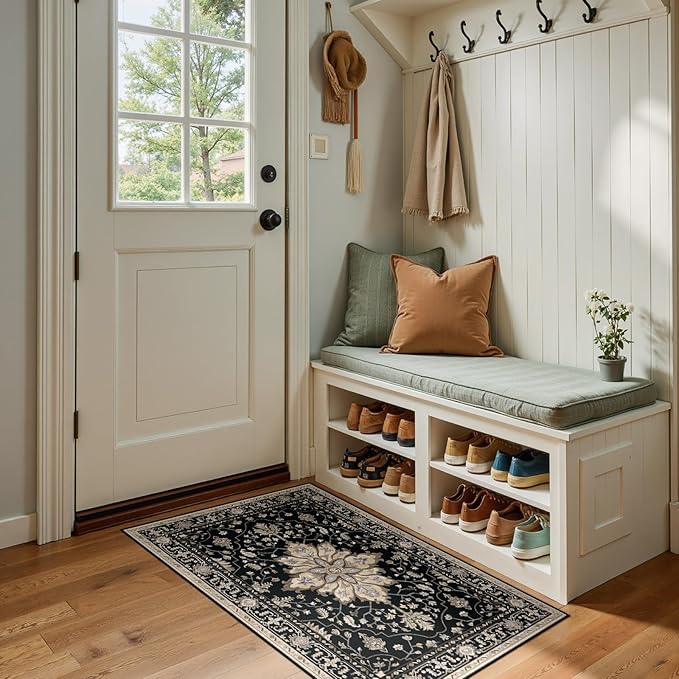 RELEANY Area Rugs Small 2'x4' Washable Non-Slip, Floral Vintage Distress Medallion Carpet for Kitchen Entryway Bathroom, Black Brown Neutral Dark Tan