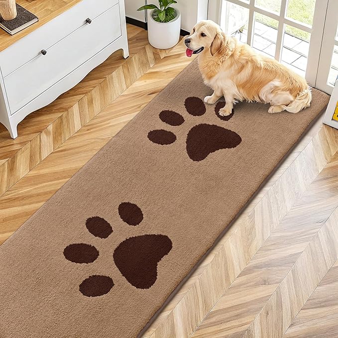 Smiry Dog Door Mat for Muddy Paws, Absorbs Moisture and Dirt, Low-Profile Entryway Mat with Non-Slip Backing, Entry Indoor Outdoor Doormat for Inside Floor (70x24 Inches, Beige, Paw