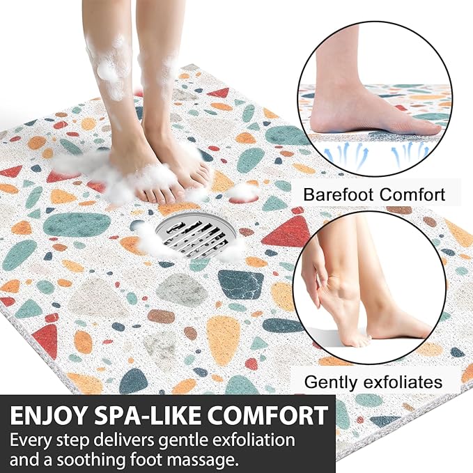 Non Slip Shower Mat: 32x24 Inch Extra Large Shower Mats for Inside Shower with Drain Hole in Middle - Soft PVC Loofah Anti Slip Shower Floor Mat for Standing and Walk-in Shower, Quick Drying