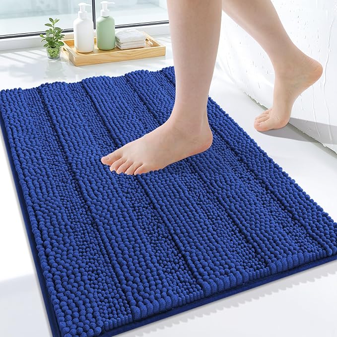 Grandaily Chenille Striped Bathroom Rugs 24x16, Extra Thick and Absorbent Bath Mats, Non-Slip Soft Plush Shaggy Shower Carpet, Machine Wash Dry, Bath Rug for Bathroom, (Small, Cobalt Blue)