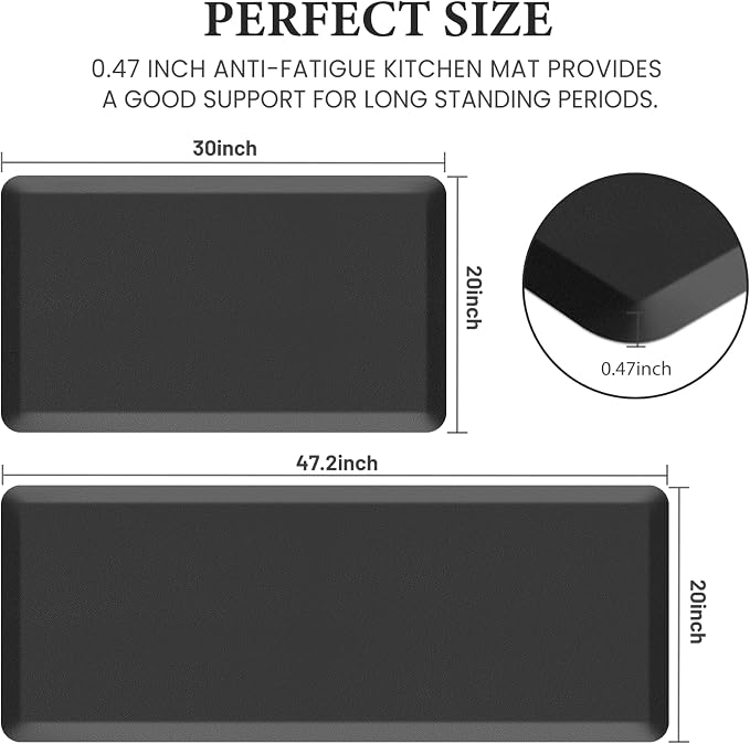 HappyTrends 2 PCS Kitchen Mat Cushioned Anti-Fatigue Floor Mat, Heavy Duty Ergonomic Comfort Foam Standing Mat,20"x30"+20"x47",Black