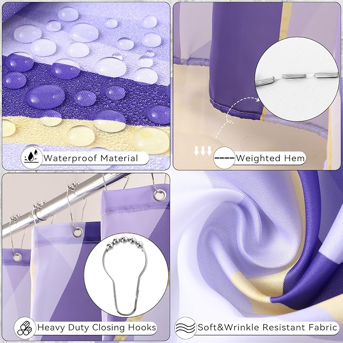 XLHOMO Purple Bathroom Accessories, Bathroom Sets with Stripe Shower Curtain, Purple and Gold Bathroom Accessories Set with Trash Can, Soap Dispenser, Soap Dish, Qtip Holders for Bathroom